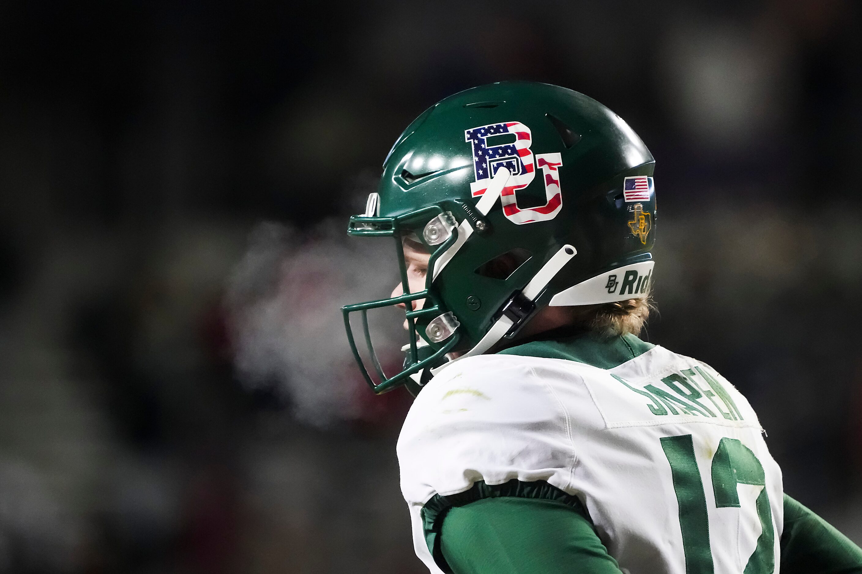 Baylor quarterback Blake Shapen (12) comes off the field during the first half of the Armed...