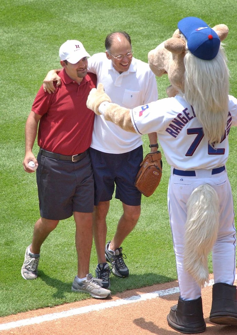 
On Father’s Day 2005, Steve Blow caught a pregame first pitch from son Corey at a Rangers...