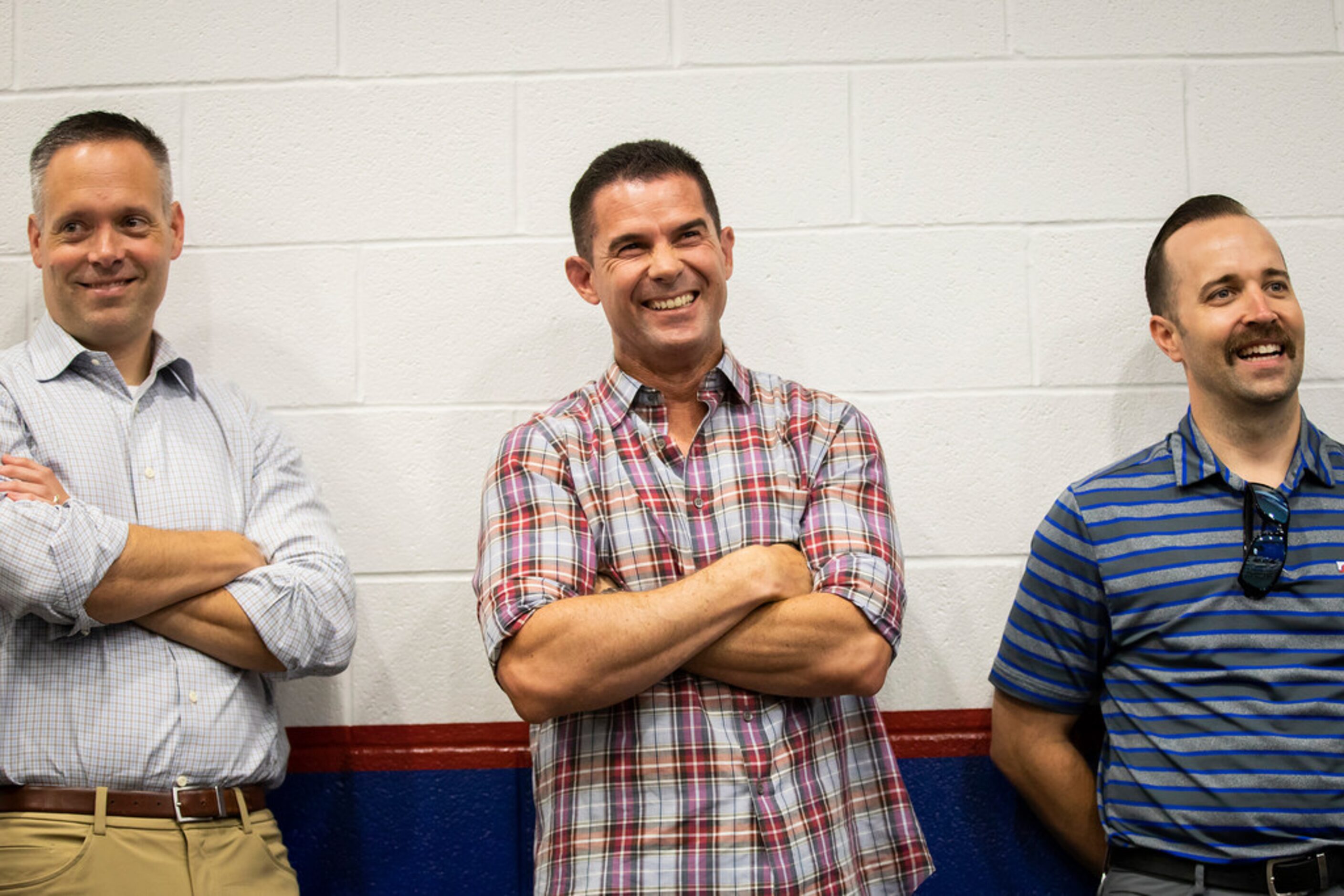 Texas Rangers  Special Assistant to the General Manager Michael Young (center) looks on as...