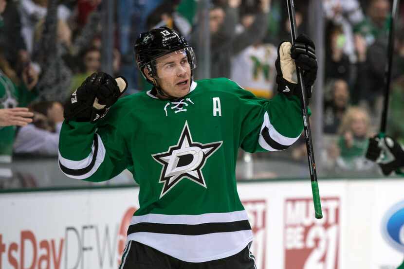 Jan 21, 2014; Dallas, TX, USA; Dallas Stars left wing Ray Whitney (13) celebrates his goal...