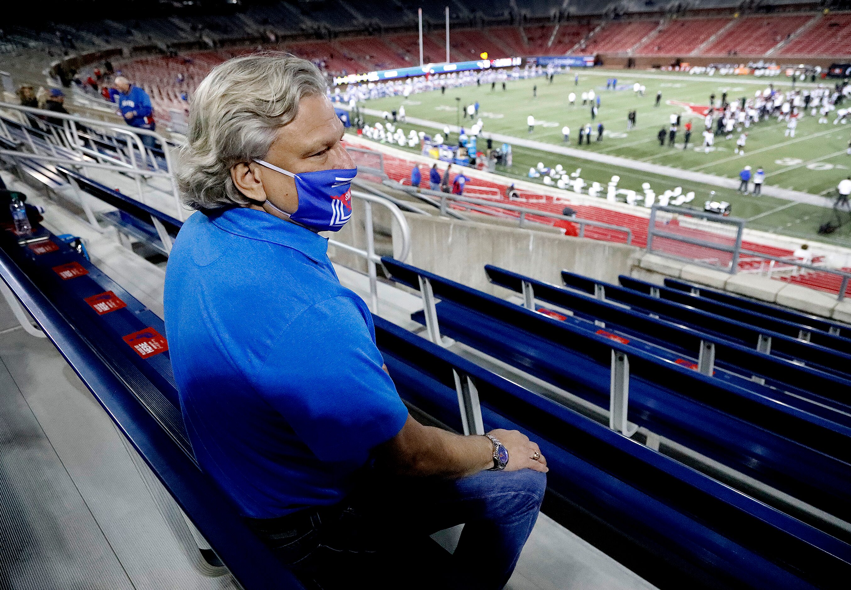 SMU super fan Paul Layne watches warm ups  as SMU hosted Cincinnati University in an AAC...