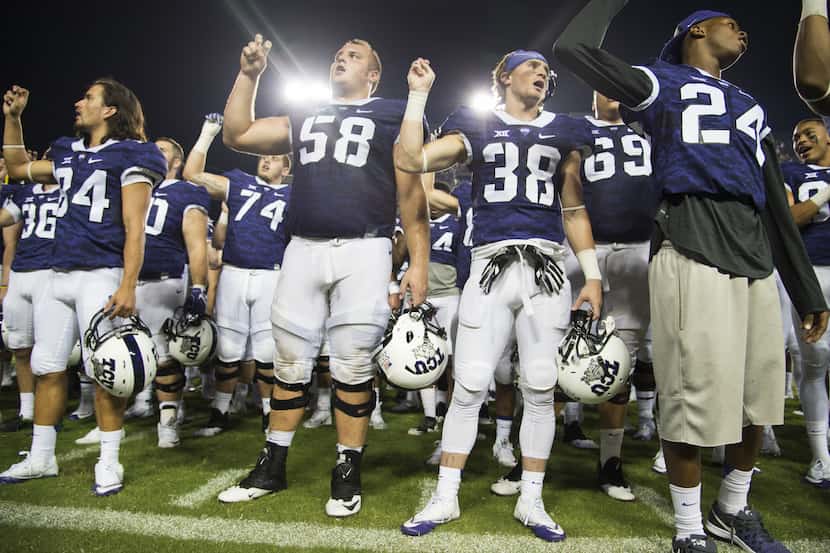 FORT WORTH, TX - SEPTEMBER 3:  The TCU Horned Frogs celebrate after defeating the South...