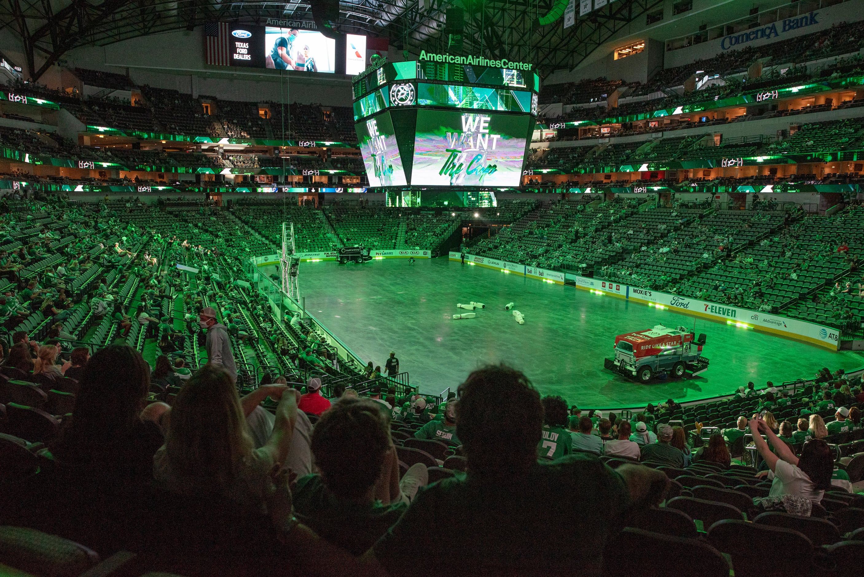Hockey fans watch the Dallas Stars versus the Tampa Bay Lightning during a watch party at...