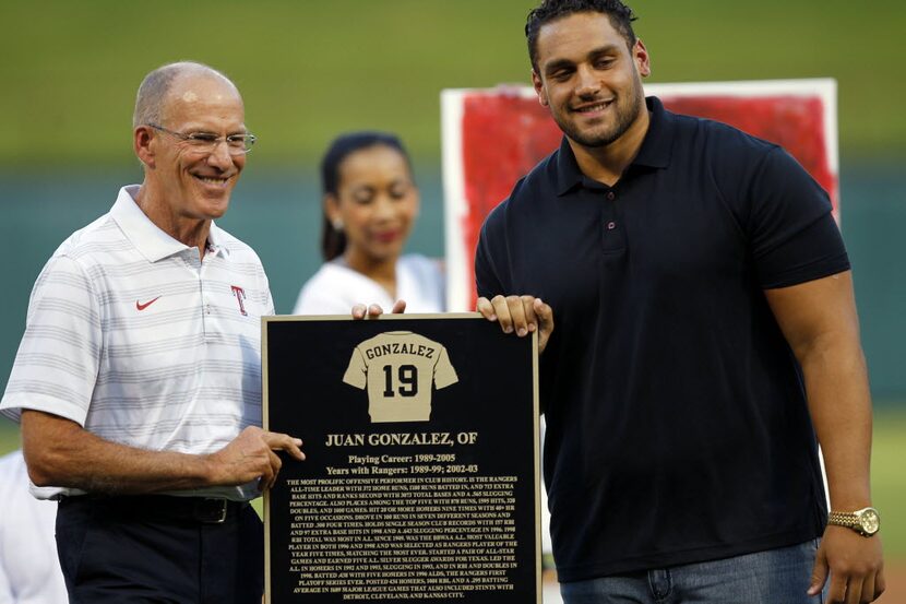 Juan Gonzalez Jr. (right) son of former baseball player Juan Gonzalez stood in with radio...