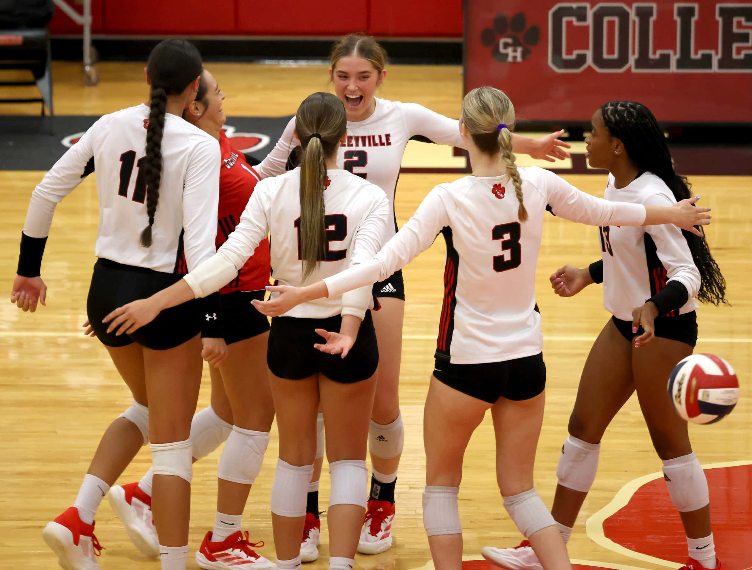 Colleyville Heritage outside hitter Audrey Popp (2), center background, was all smiles after...