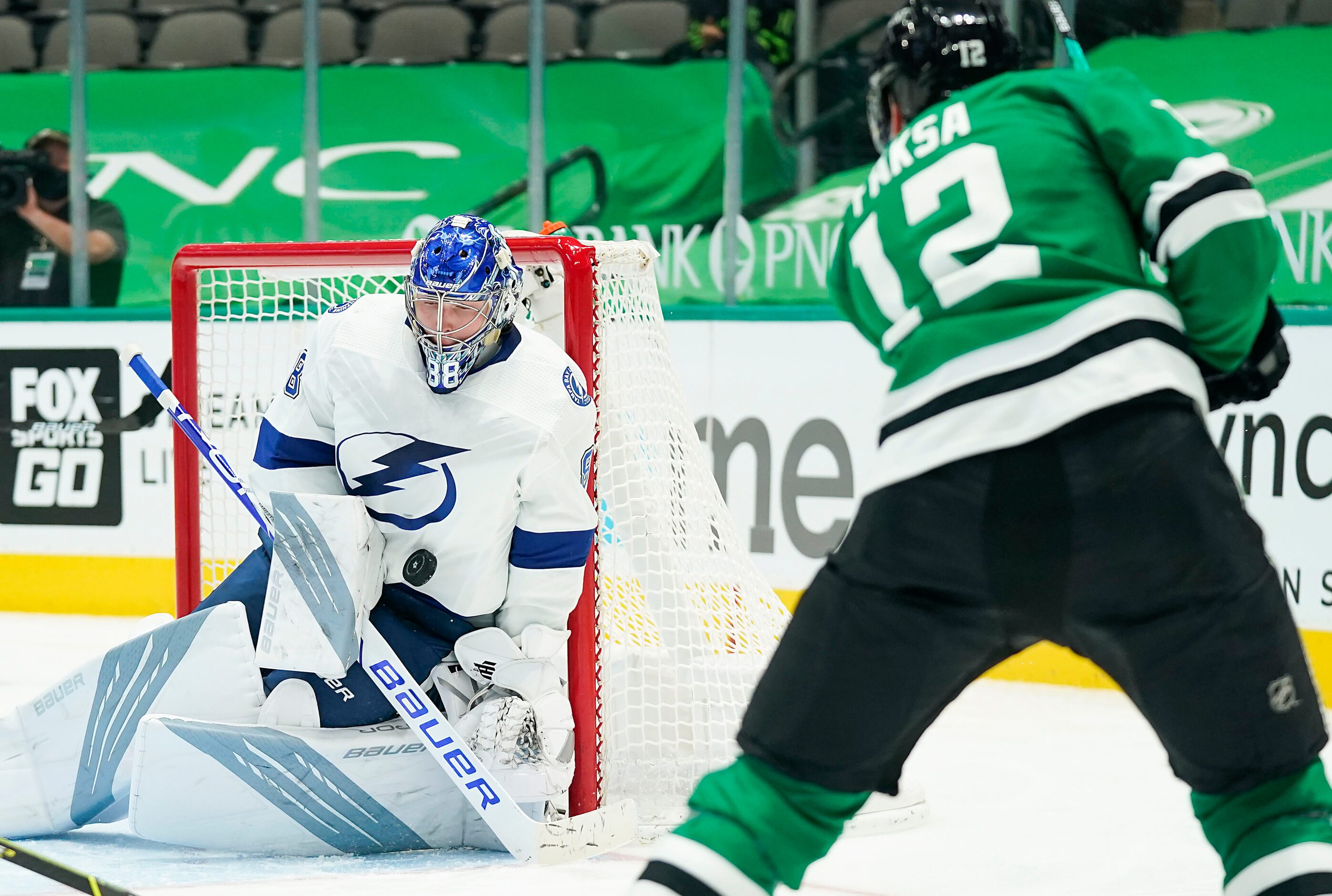 Tampa Bay Lightning goaltender Andrei Vasilevskiy (88) makes a save on a shot by Dallas...