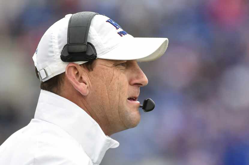 LAWRENCE, KS - NOVEMBER 3: Head coach David Beaty of the Kansas Jayhawks watches his team...