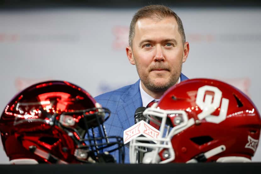 Oklahoma head football coach Lincoln Riley speaks during the Big 12 Conference Media Days at...