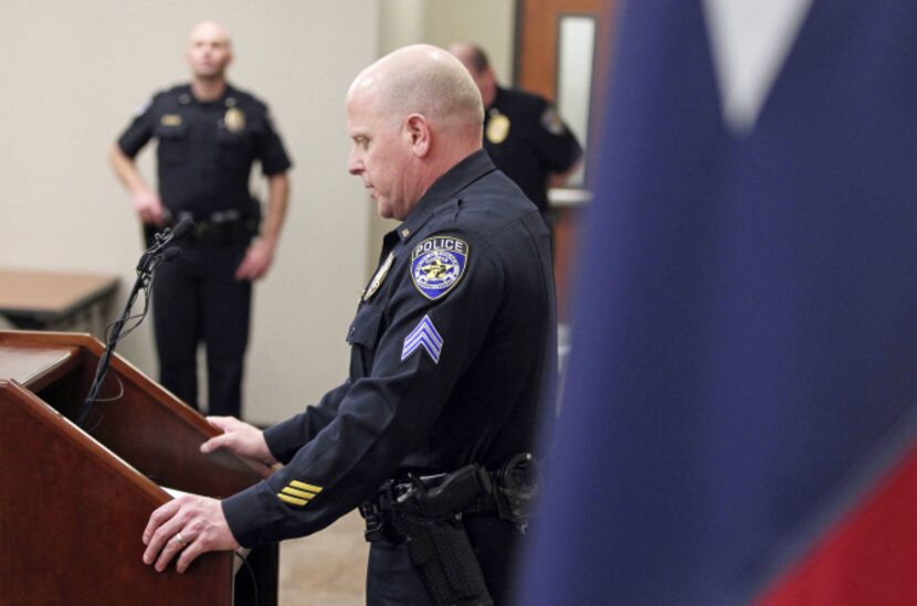 Sgt. Brad Merritt spoke at a news conference at the Frisco Police Department on Thursday.