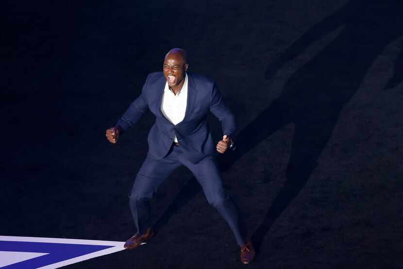 Former Dallas Cowboys defensive end DeMarcus Ware is all fired up after being introduced at...