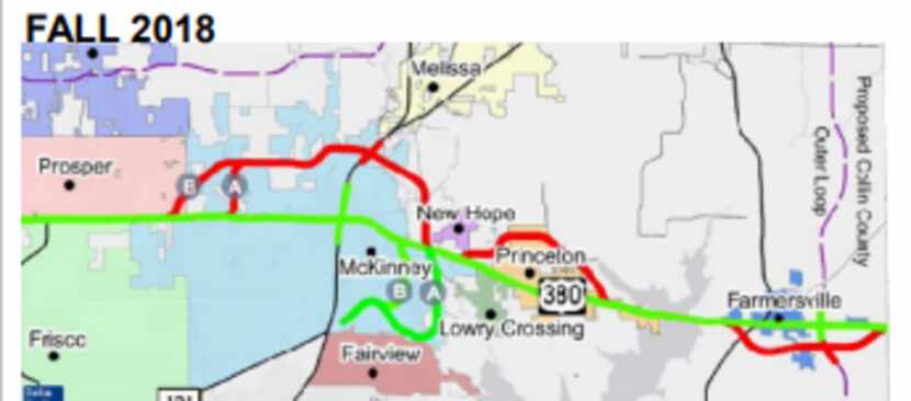 This Texas Department of Transportation map shows two proposed revised alignments to improve...