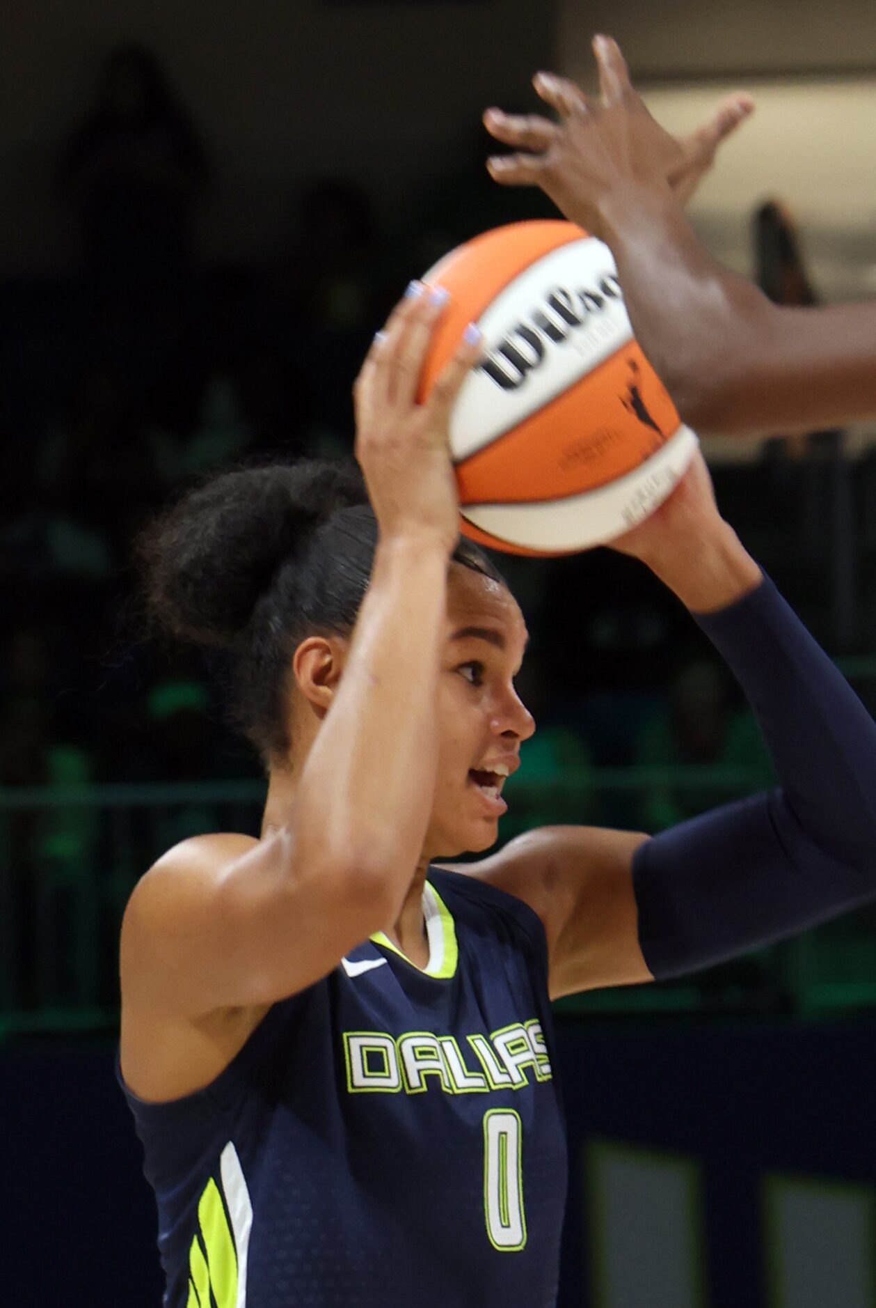 Dallas Wings forward Satou Sabally (0) looks to pass under pressure during first half action...