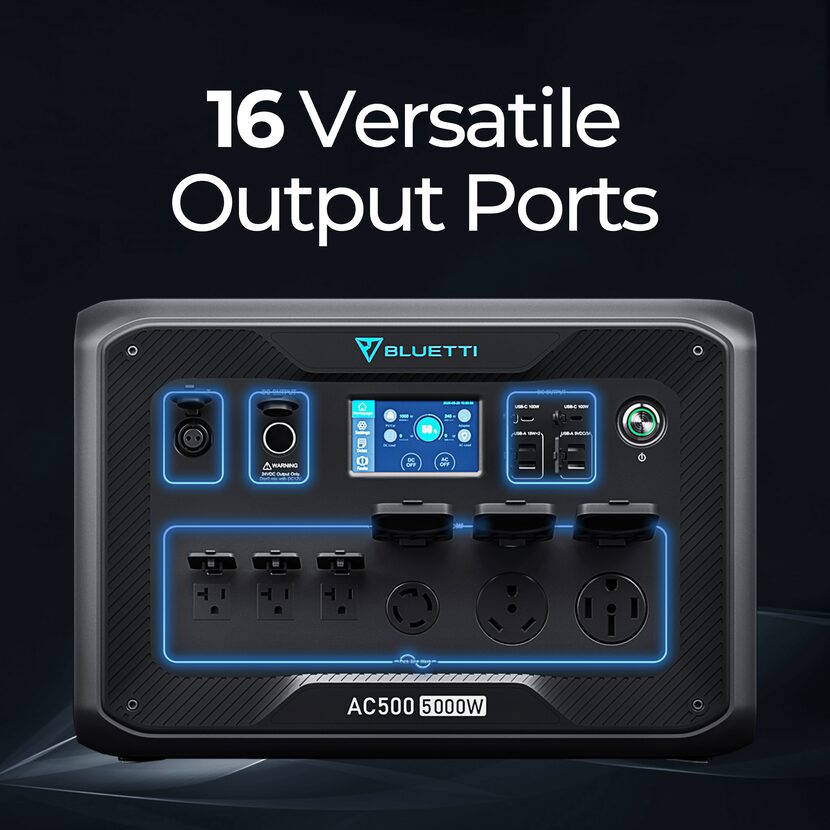 16 versatile charging ports shown on the BLUETTI AC500 model