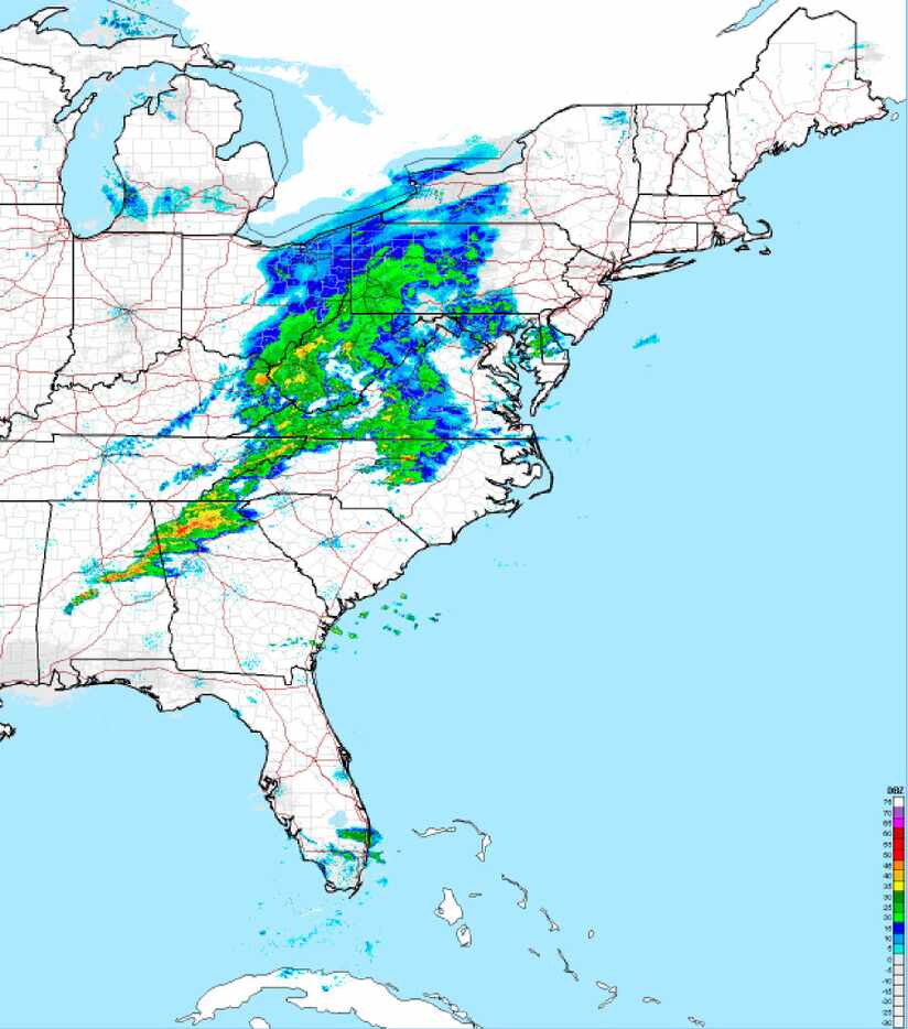 This National Weather Service RIDGE Radar image provided by NOAA shows a storm system moving...