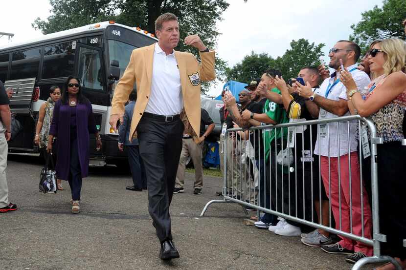 Pro Football Hall of Famer Troy Aikman arrives for the induction ceremony for the class of...