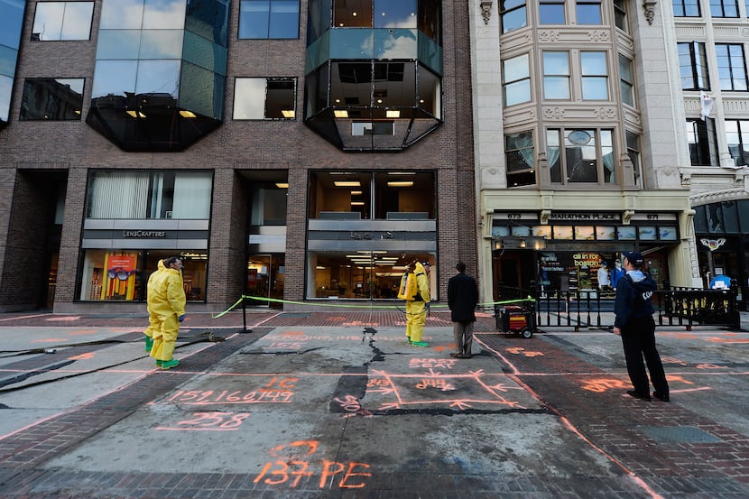 BOSTON, MA - APRIL 22:  The Boston Fire Department Hazardous Materials team clean the blast...