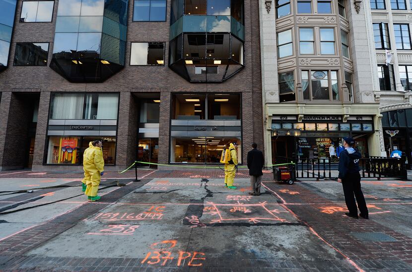 BOSTON, MA - APRIL 22:  The Boston Fire Department Hazardous Materials team clean the blast...