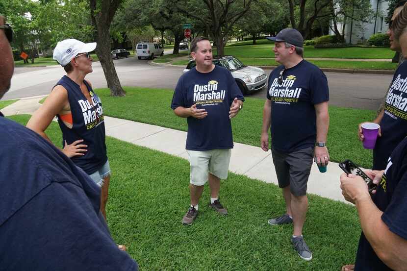 Dallas ISD Trustee candidate Dustin Marshall spends time with supporters in Lakewood on...