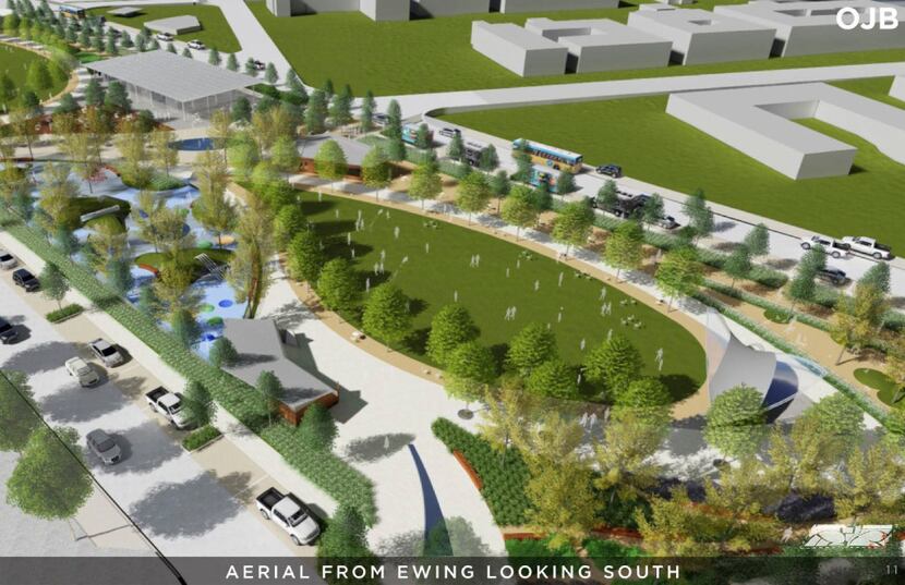 A rendering shows a conceptual plan for the Southern Gateway Public Green, a deck park over...