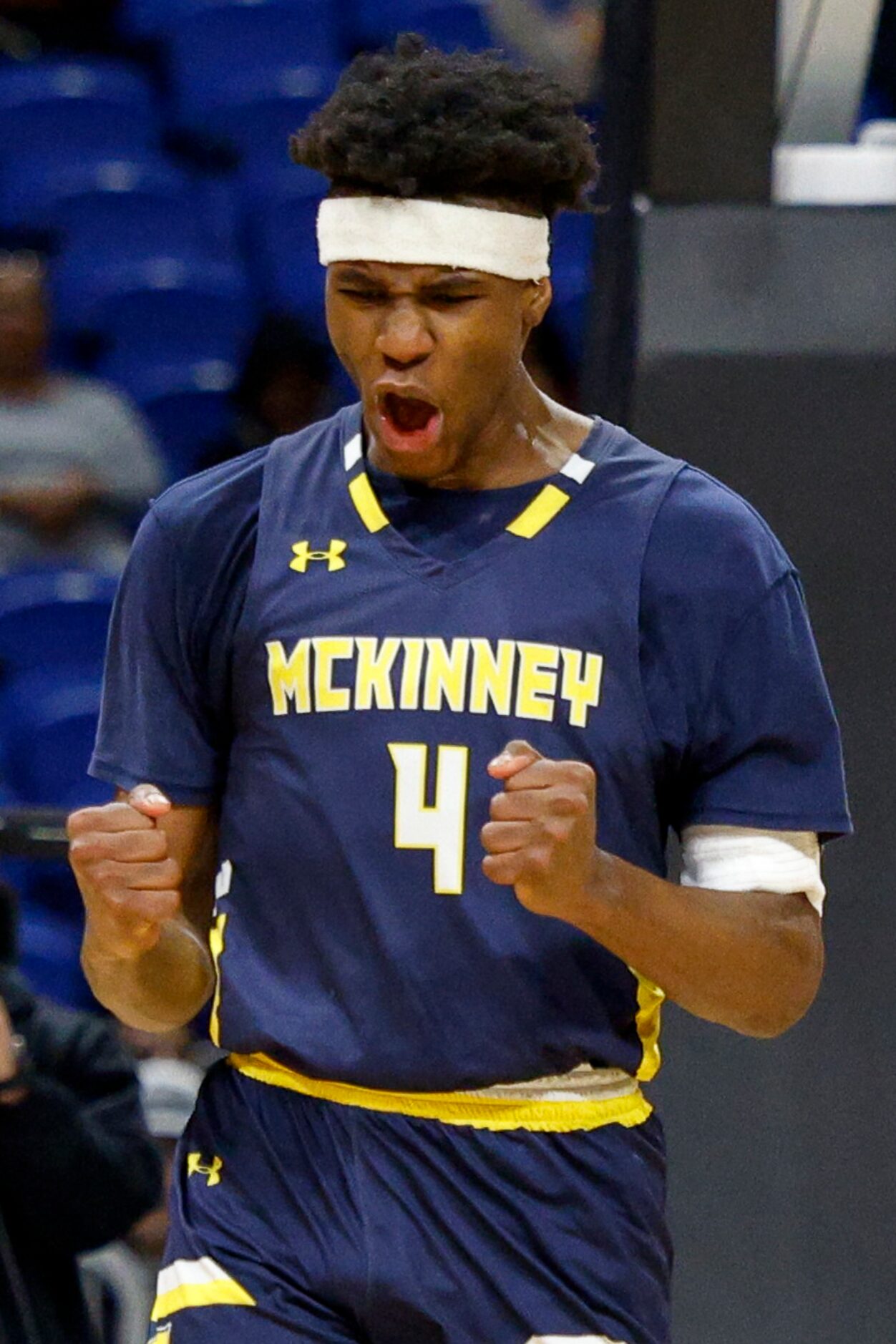 McKinney guard Ja'Kobe Walter (4) celebrates after a called foul against Austin Westlake...