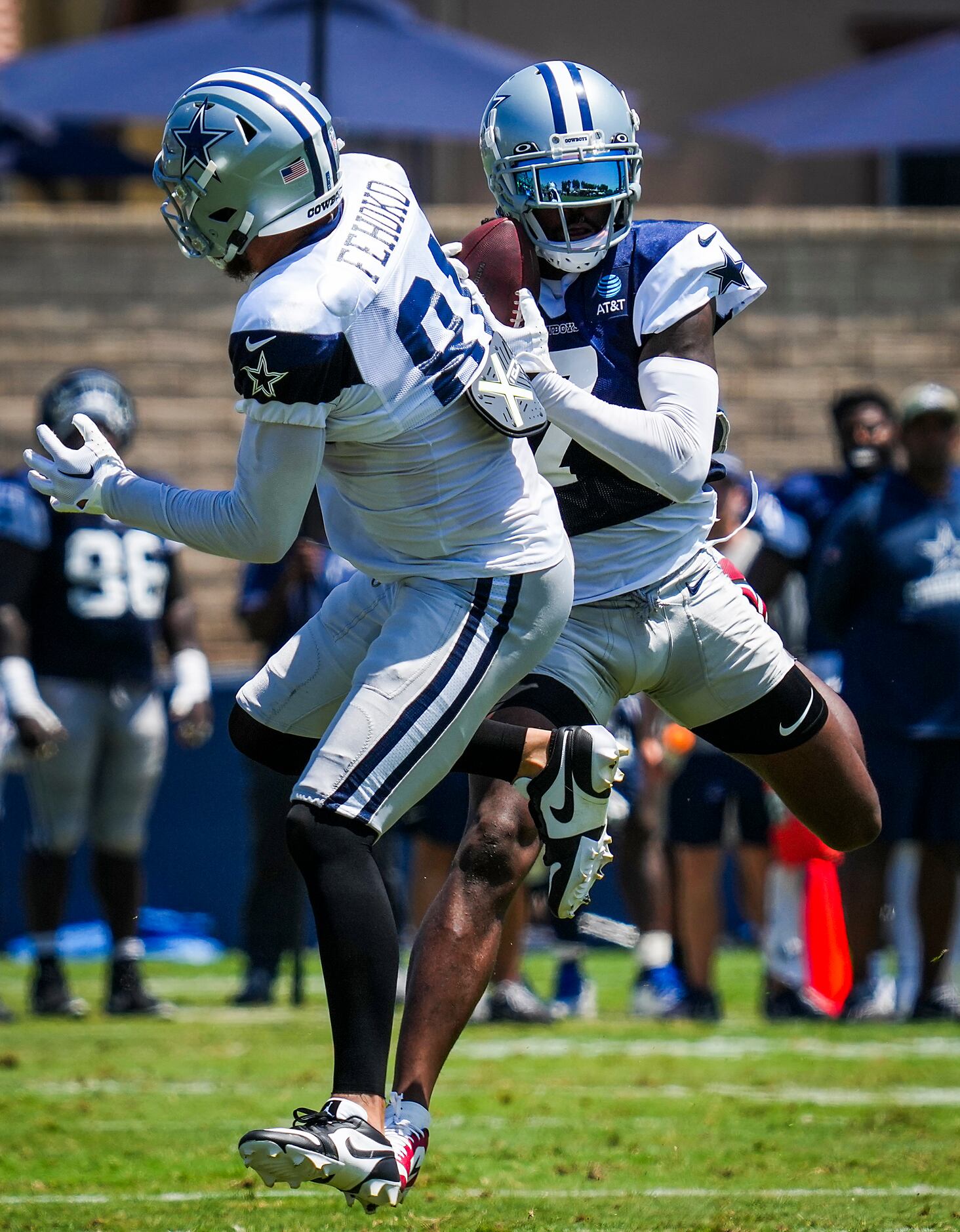 Dallas Cowboys cornerback Trevon Diggs (7) intercepts a pass intended for wide receiver Simi...