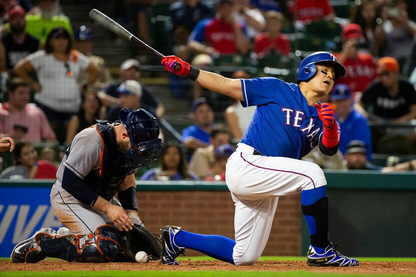 Texas Rangers designated hitter Shin-Soo Choo strikes out to end the game as Houston Astros...