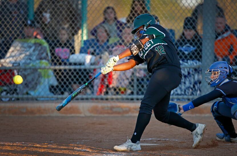 Mesquite Poteet's Mya Stevenson hits the ball during the first inning against North Forney...