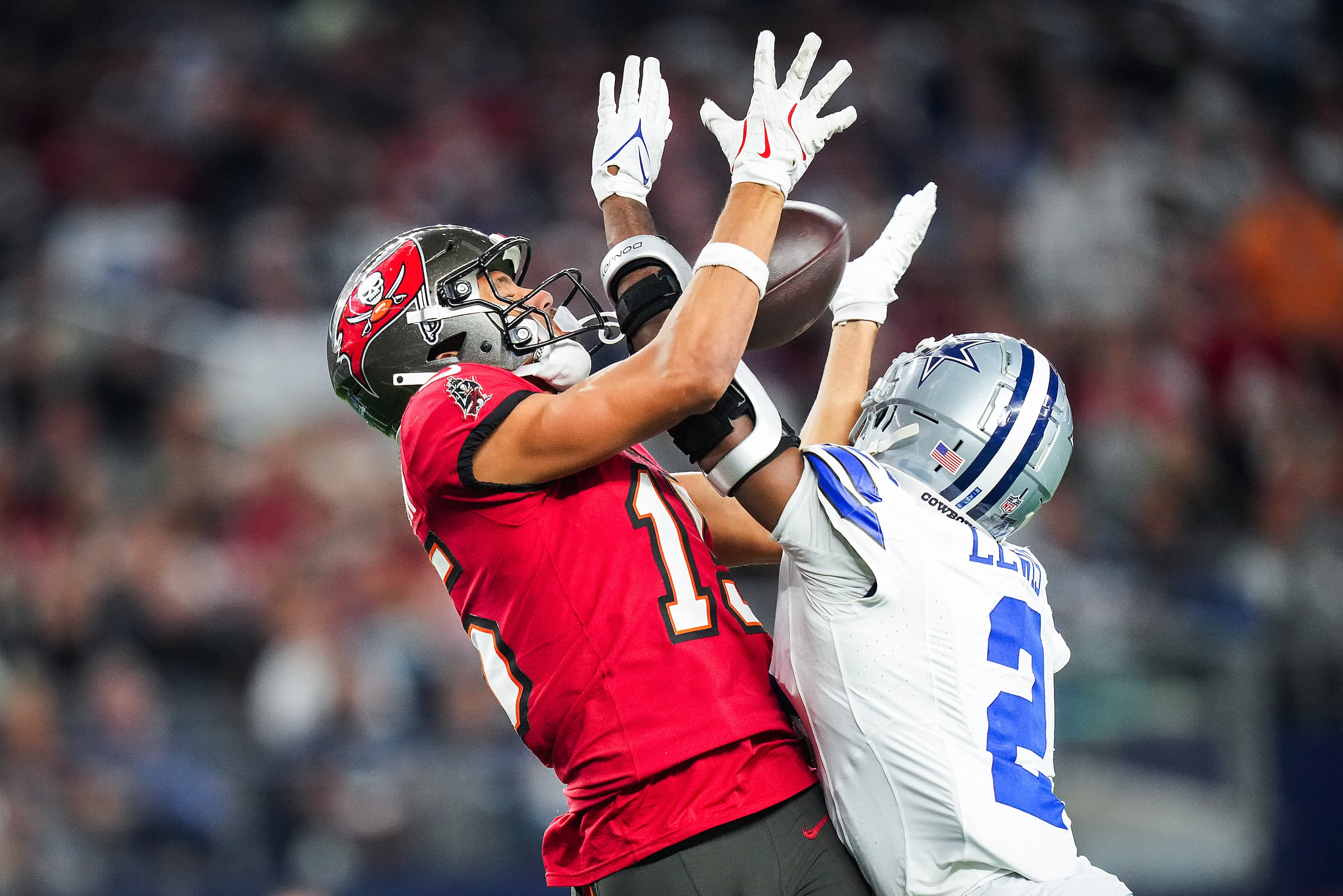 Dallas Cowboys cornerback Jourdan Lewis (2) intercepts a pass intended for Tampa Bay...