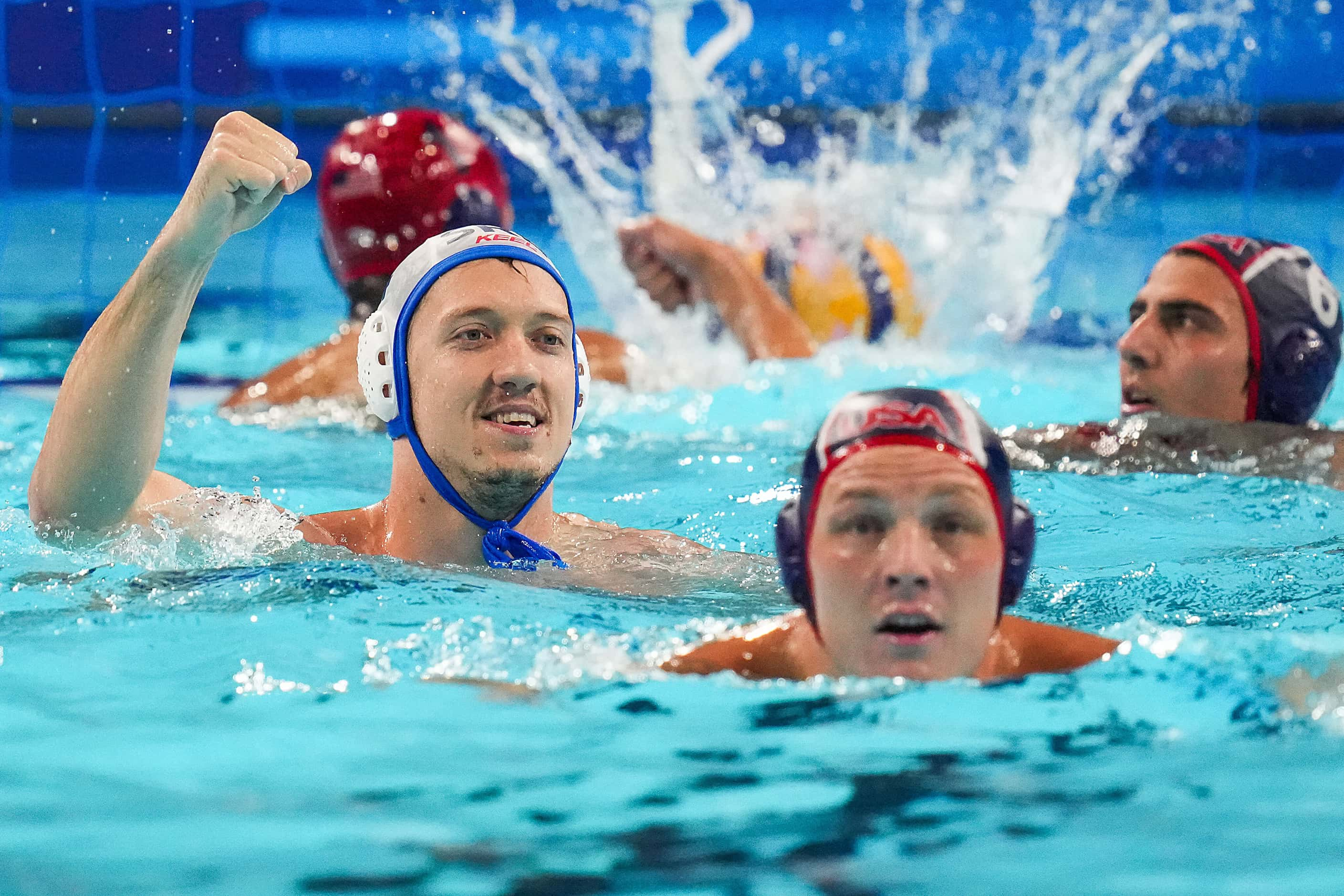 Sava Randelovic of Serbia celebrates a goal during a men’s water polo semifinal against the...