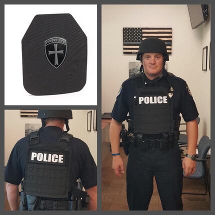 Frisco Police Officer Colby Hill models the new ballistic helmet and steel-plated vest...