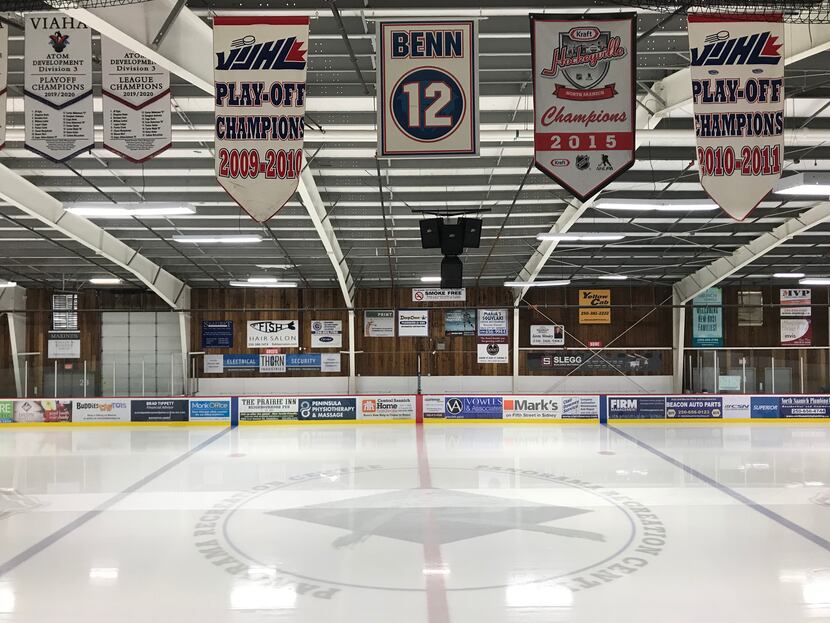 Jamie Benn's No. 12 from playing for the Peninsula Panthers hangs from the ceiling of...