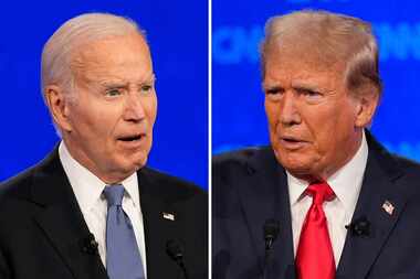 This combination of photos shows President Joe Biden, left, and Republican presidential...