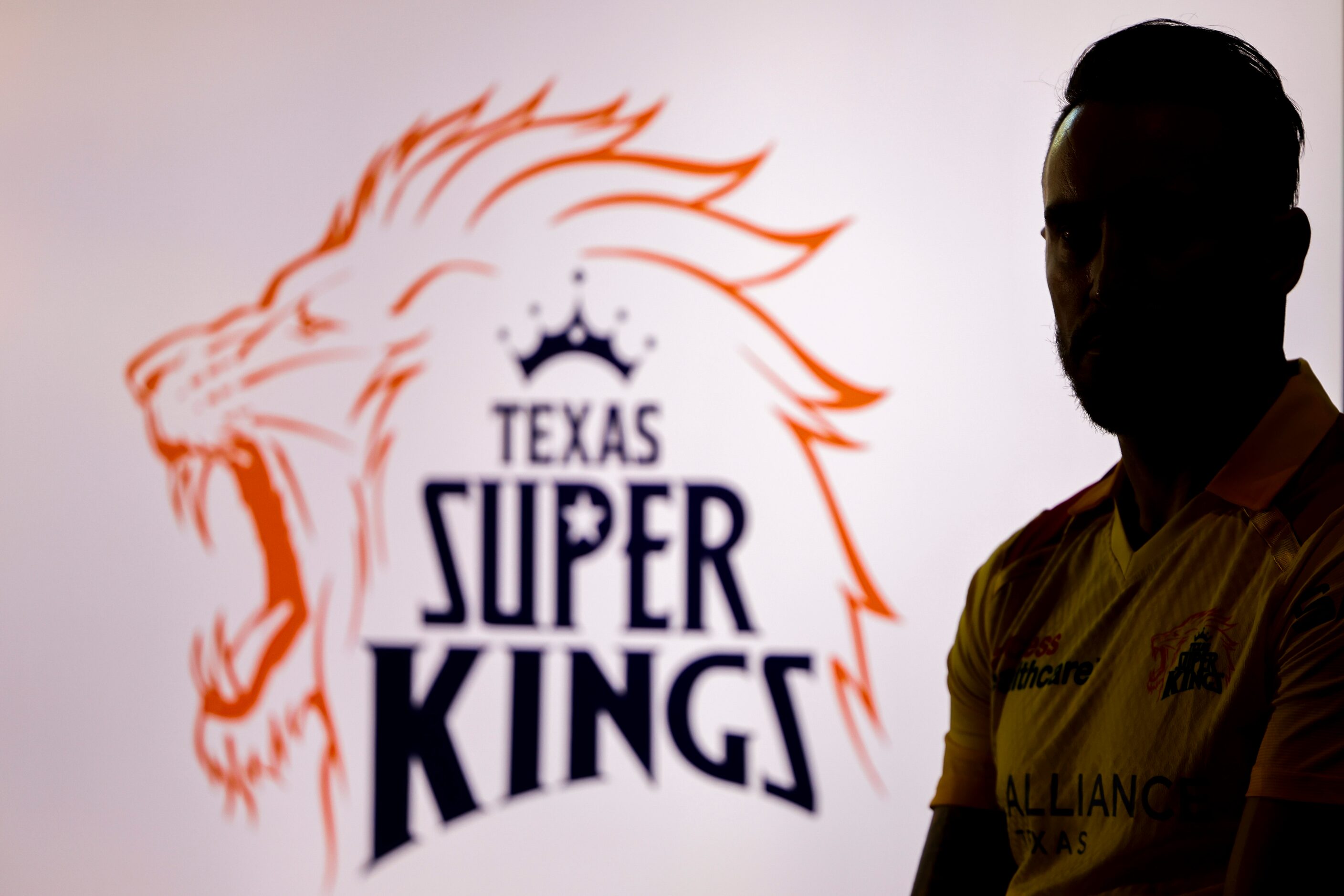 Texas Super Kings captain Faf du Plessis is silhouetted during a press conference after the...