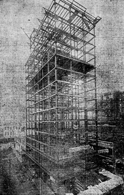 The steel frame of the Praetorian Building under construction. Published March 17, 1907.