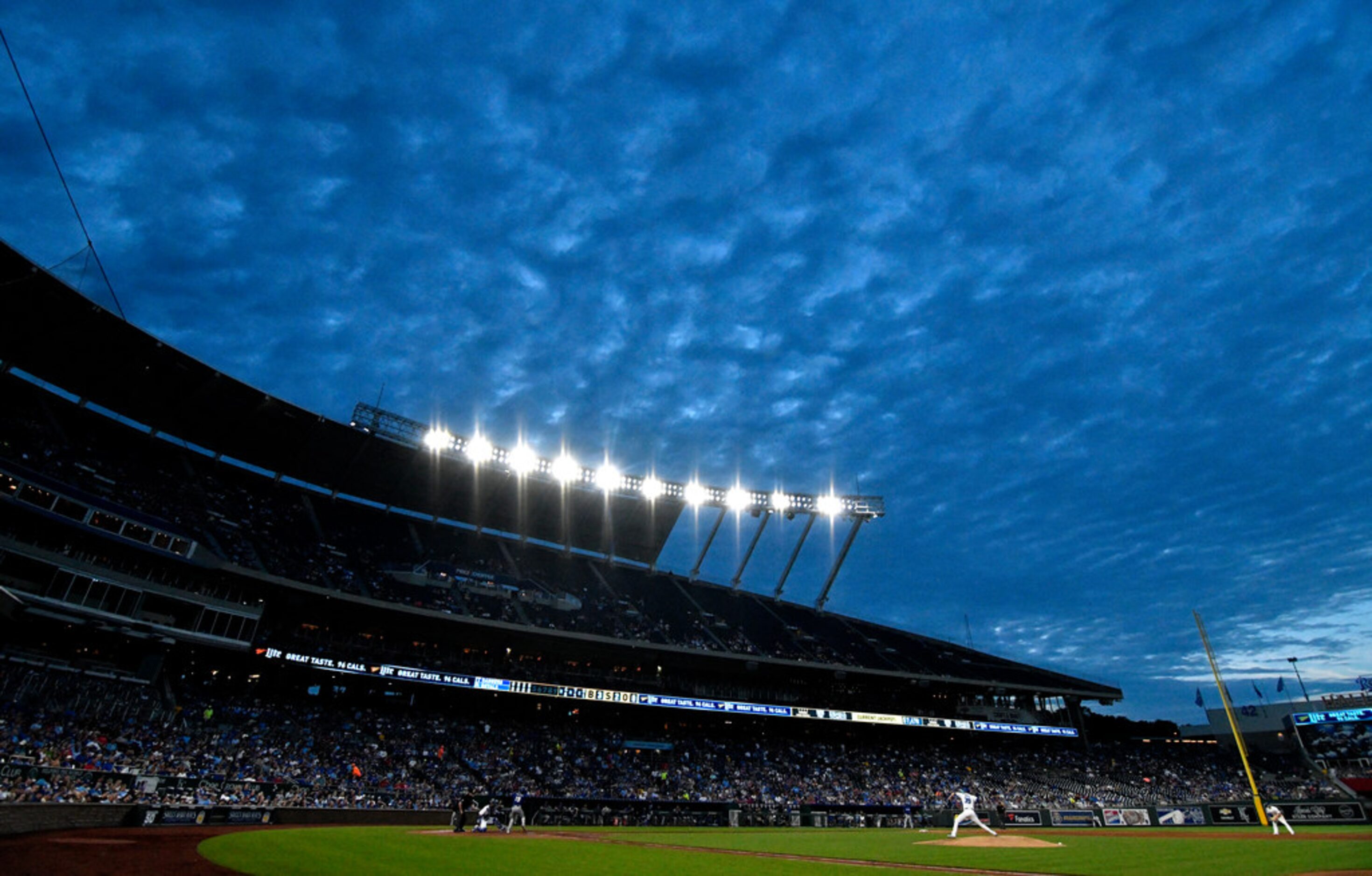 KANSAS CITY, MO - JUNE 19: Clouds roll over Kauffman Stadium during a game between the Texas...