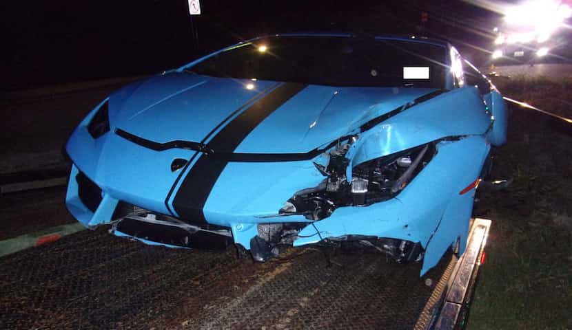 Frisco police released this photo that shows damage to the blue Lamborghini registered to...