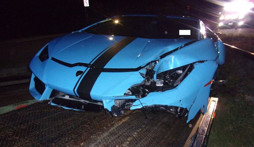 Frisco police released this photo that shows damage to the blue Lamborghini registered to...