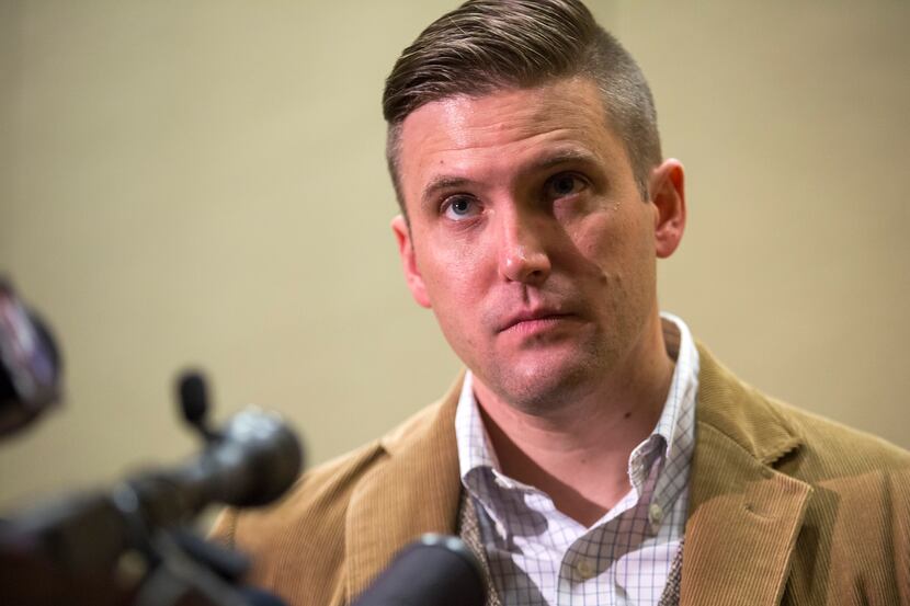 Richard Spencer addresses the media during a news conference before his scheduled speech at...