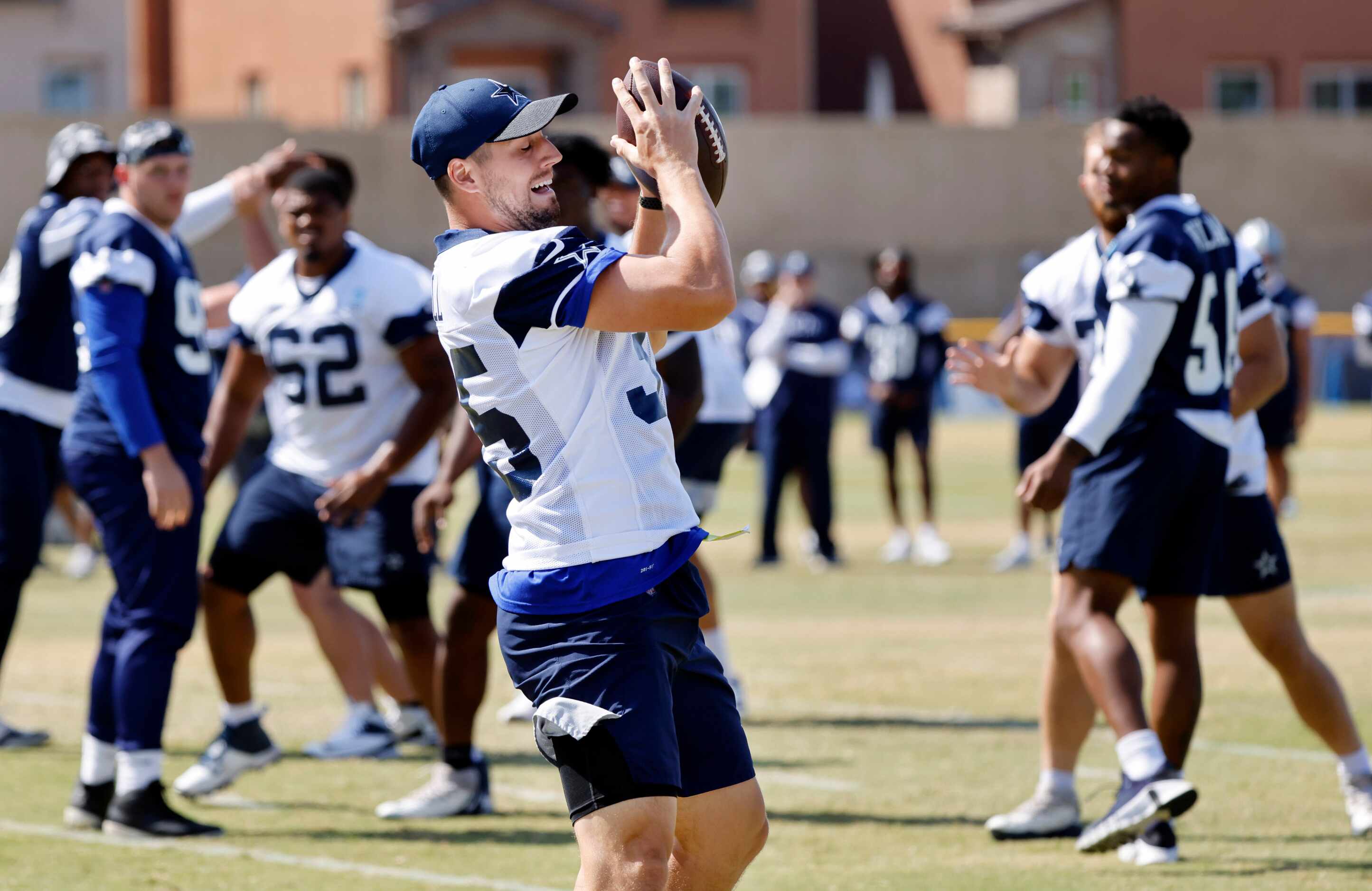 Dallas Cowboys fullback Ryan Nall (35) catches a soft pass during a mock game at training...