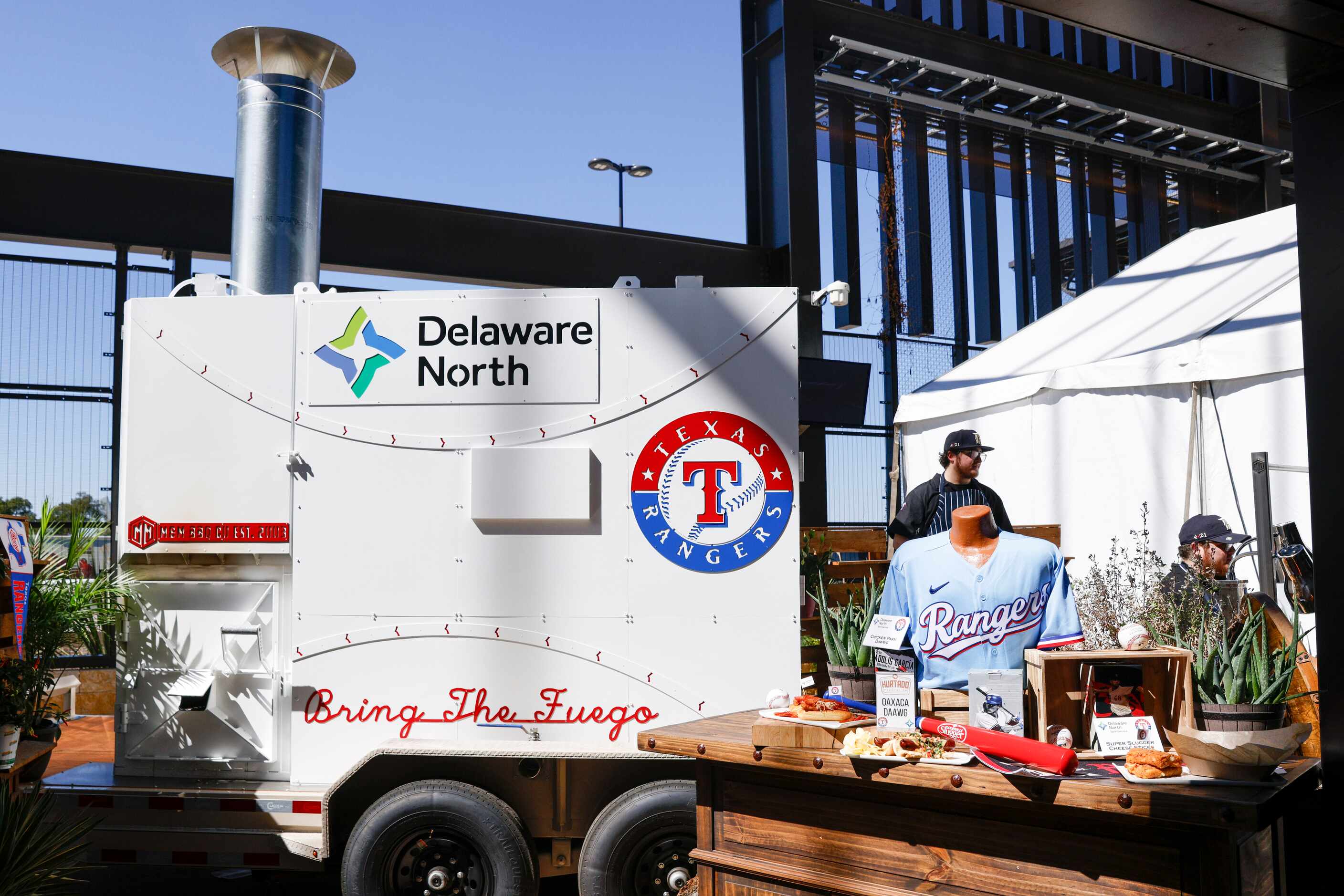 A custom Texas Rangers smoker is seen at Globe Life Field in Arlington. The white exterior...