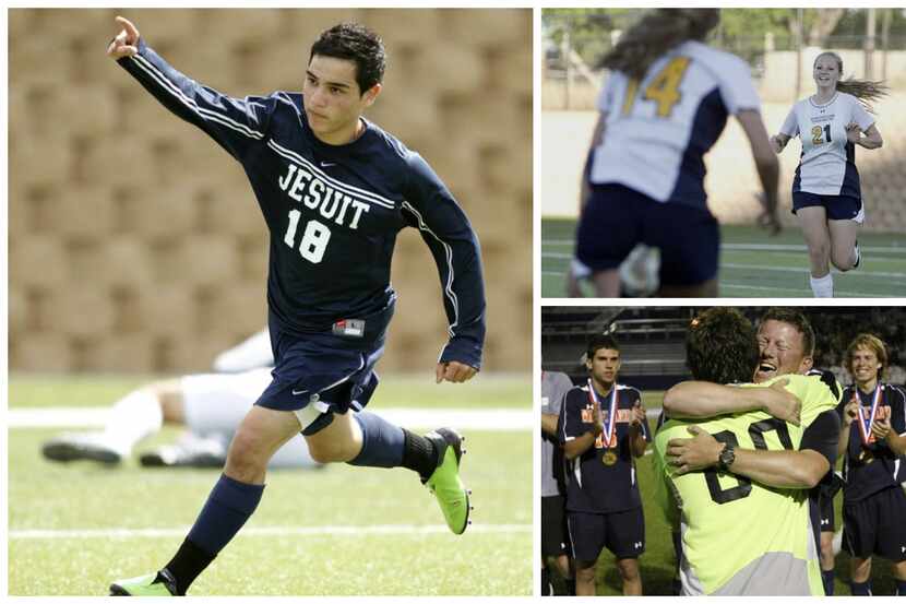 Left: Jesuit's Hansel Reyes celebrated a goal during the shootout that Jesuit won in the...