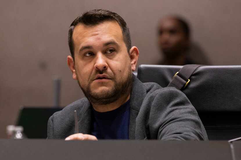 Council Member Adam Bazaldua listens to public comment on Wednesday, Jan. 31, 2024, during a...