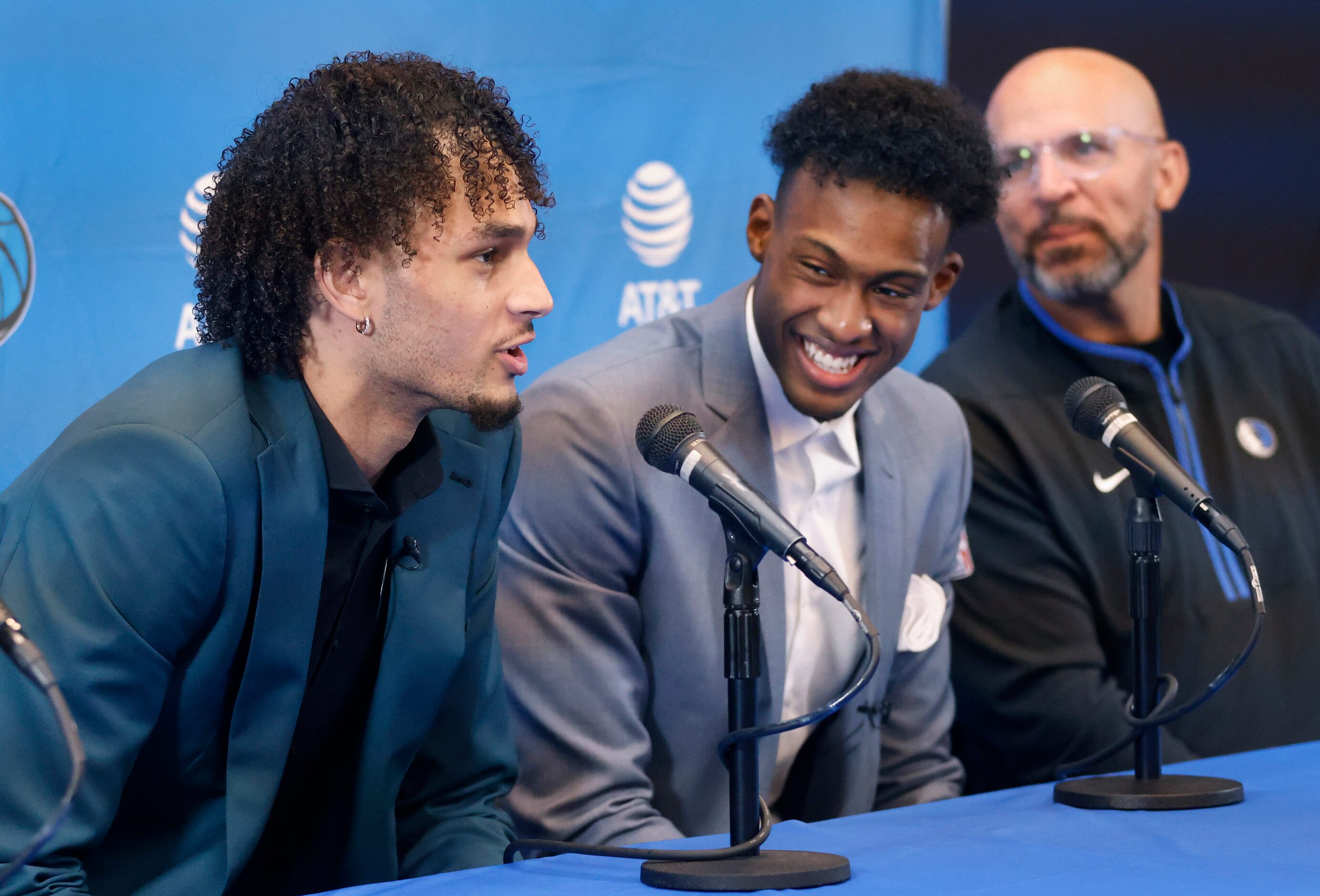 Newly drafted Dallas Mavericks players Dereck Lively II of Duke (left) and Olivier-Maxence...