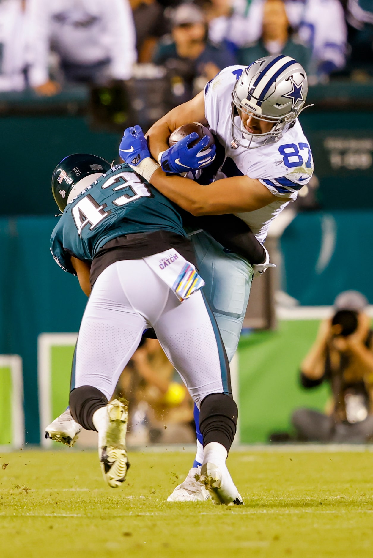 Philadelphia Eagles linebacker Kyzir White (43) stops Dallas Cowboys tight end Jake Ferguson...