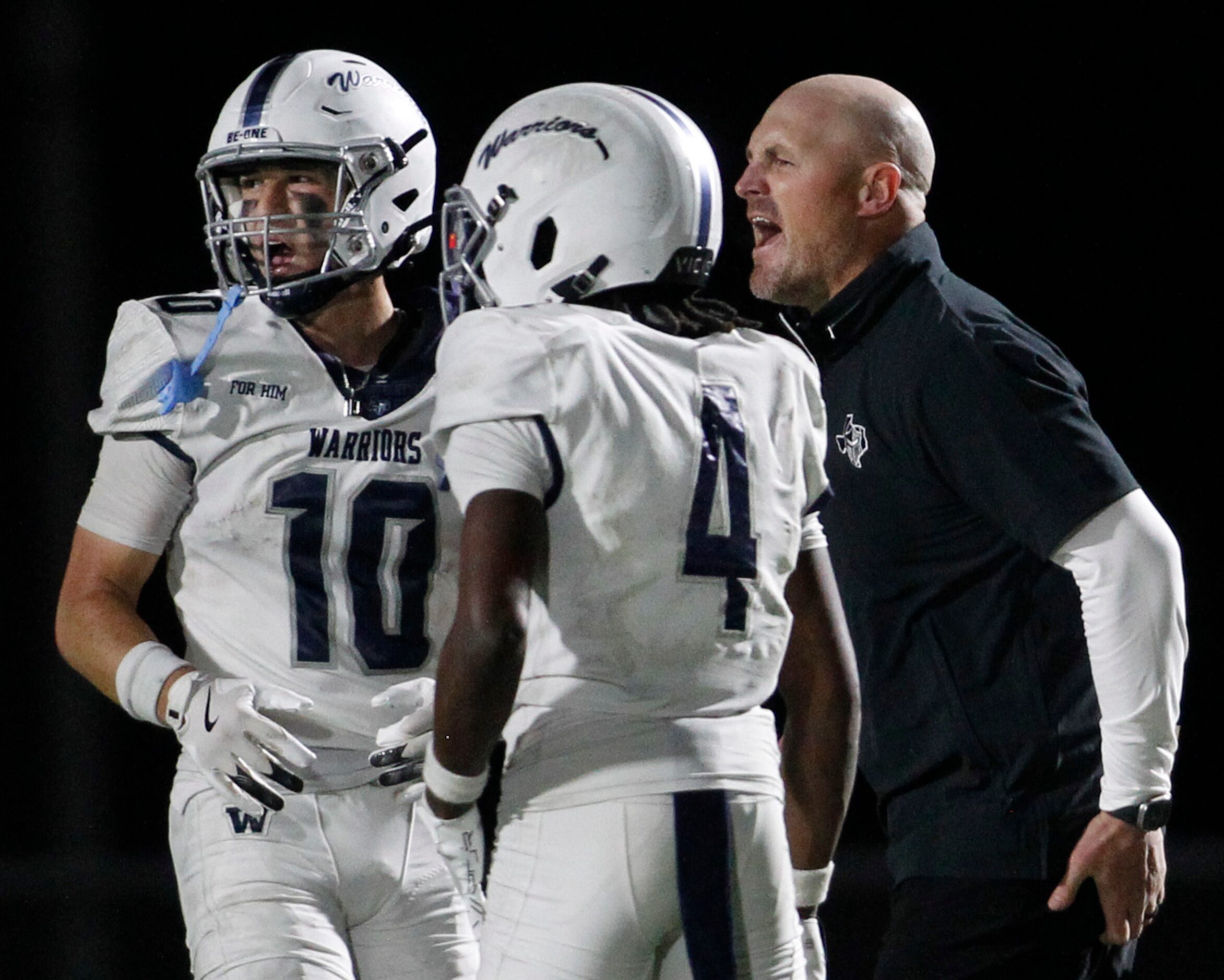 Argyle Liberty Christian head coach Jason Witten, right, yells toward a game official after...