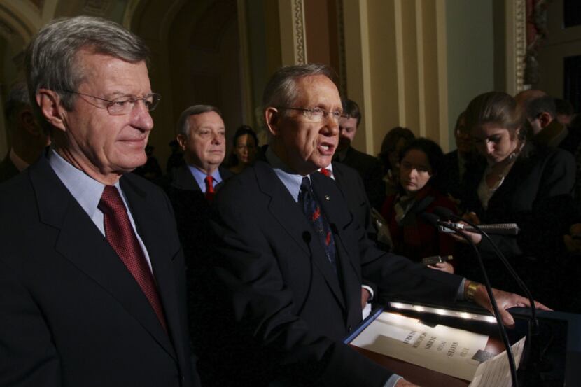 Senate Majority Leader Harry Reid delivers remarks following the passage of a historic...