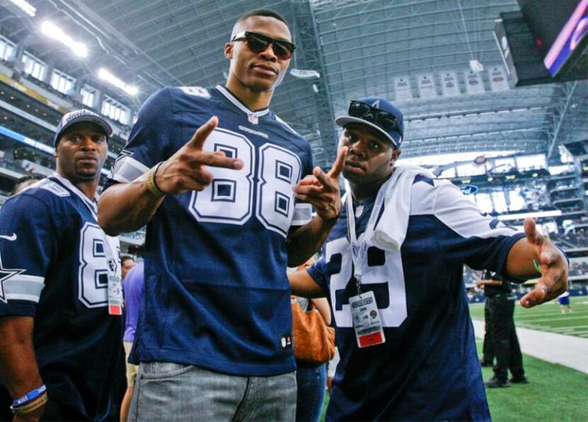 NBA star Russell Westbrook of the Oklahoma City Thunder stands on the sidelines before an...