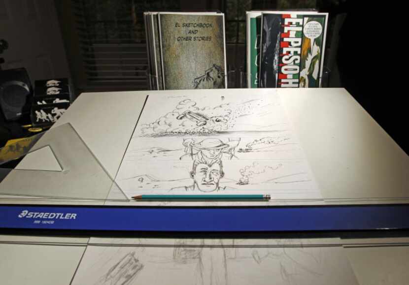 Work in progress on El Peso Hero’s story covers the drawing table at Hector Rodriguez’s...