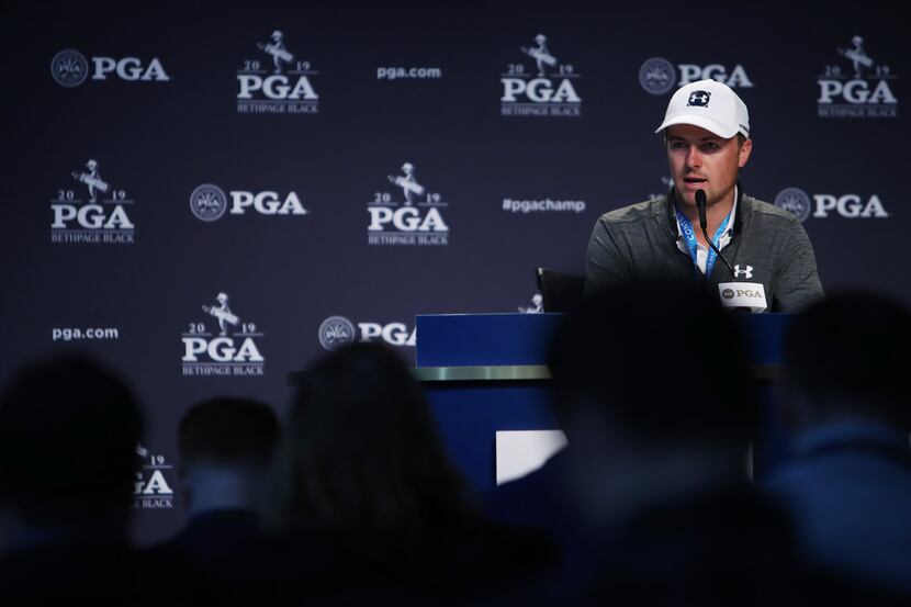 FARMINGDALE, NEW YORK - MAY 15: Jordan Spieth of the United States speaks to the media...