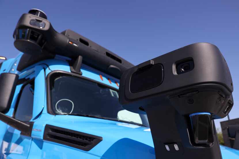 Cameras mounted on a Waymo Via were on display in June at Waymo's autonomous trucking...